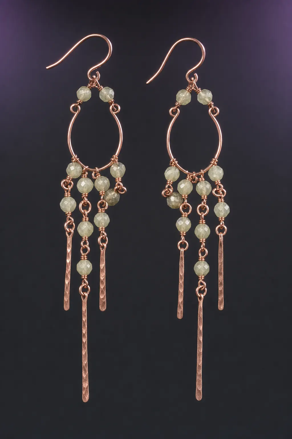 Long tiered copper earrings with small faceted prehnite beads and hammered copper bars