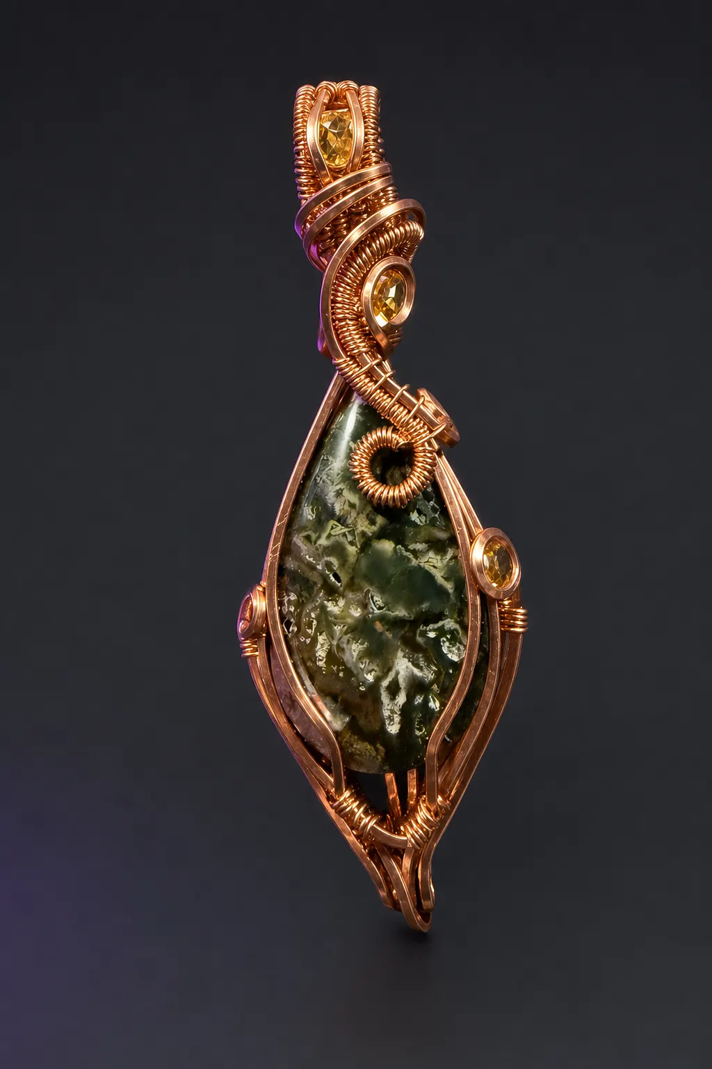Large wire-wrapped River Jasper pendant with faceted citrine set in coiled copper