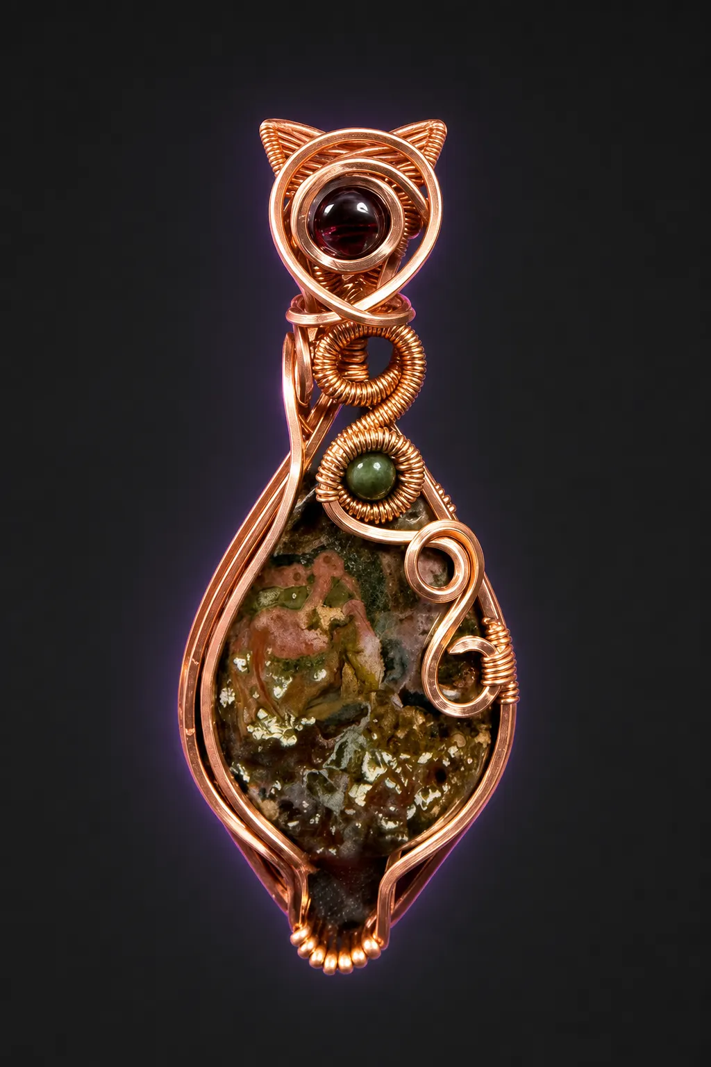 Wire-wrapped River Jasper pendant with a deep red garnet and copper scrollwork