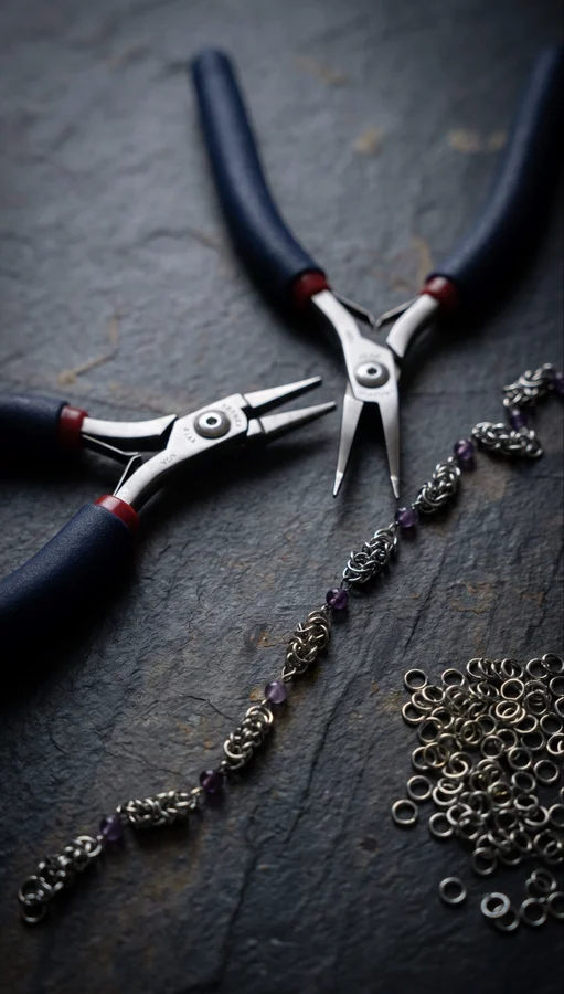 Handmade Byzantine chainmail weave with round amethyst beads in silver jump rings — work in progress